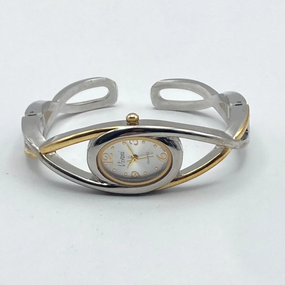 Vivani Women's Watch Cuff Silver Gold Two Tone 20mm Oval New Battery 6.5